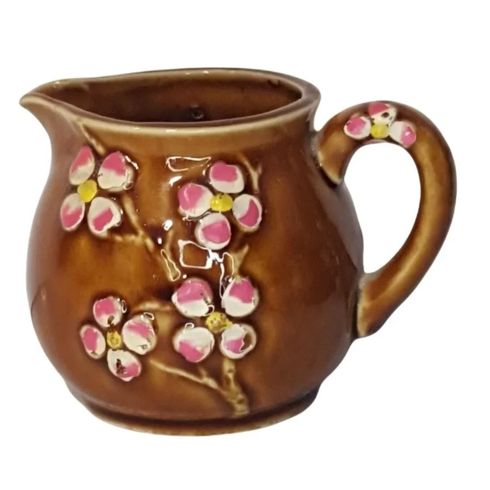 Vintage Japanese Creamer Brown Pink Cherry Blossums Made‎ in Japan Mid Century